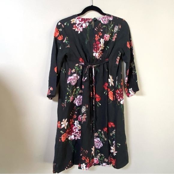 Hannes Roether 100% floral black linen 3/4 sleeves cinch back midi dress… - Picture 4 of 11